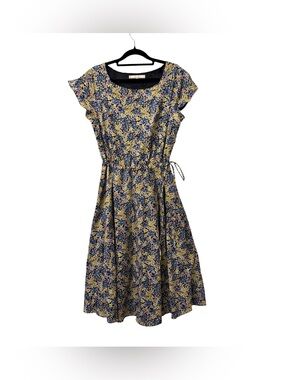 Archerie NYC floral print midi dress blue yellow Round neck cap sleeves Sz 8